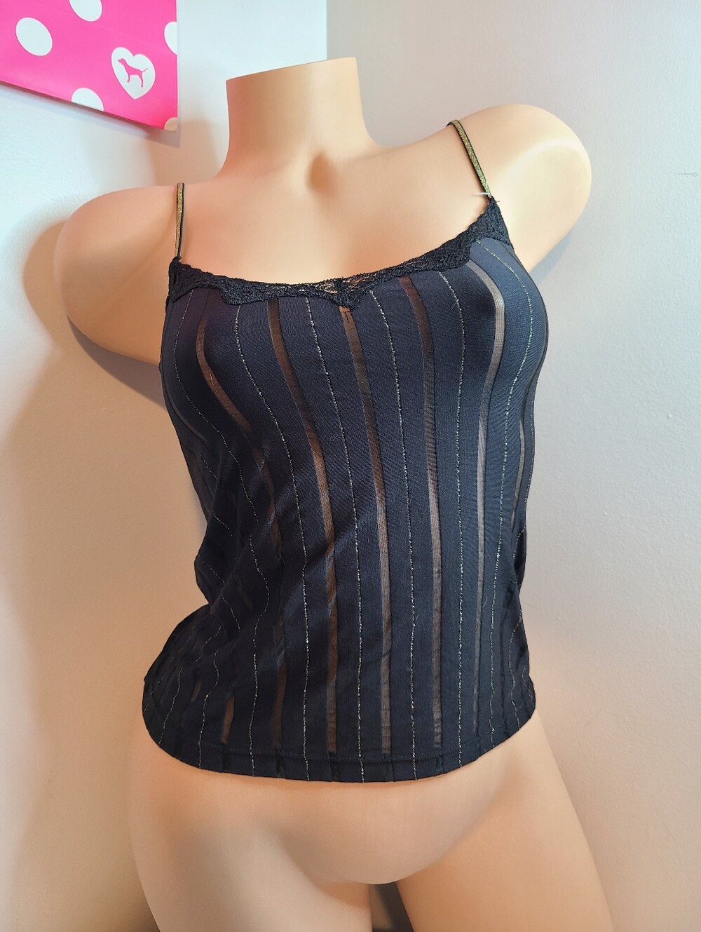 VTG Target Black Sheer Sparkle Stripe Lace Trim Cami Top Size M